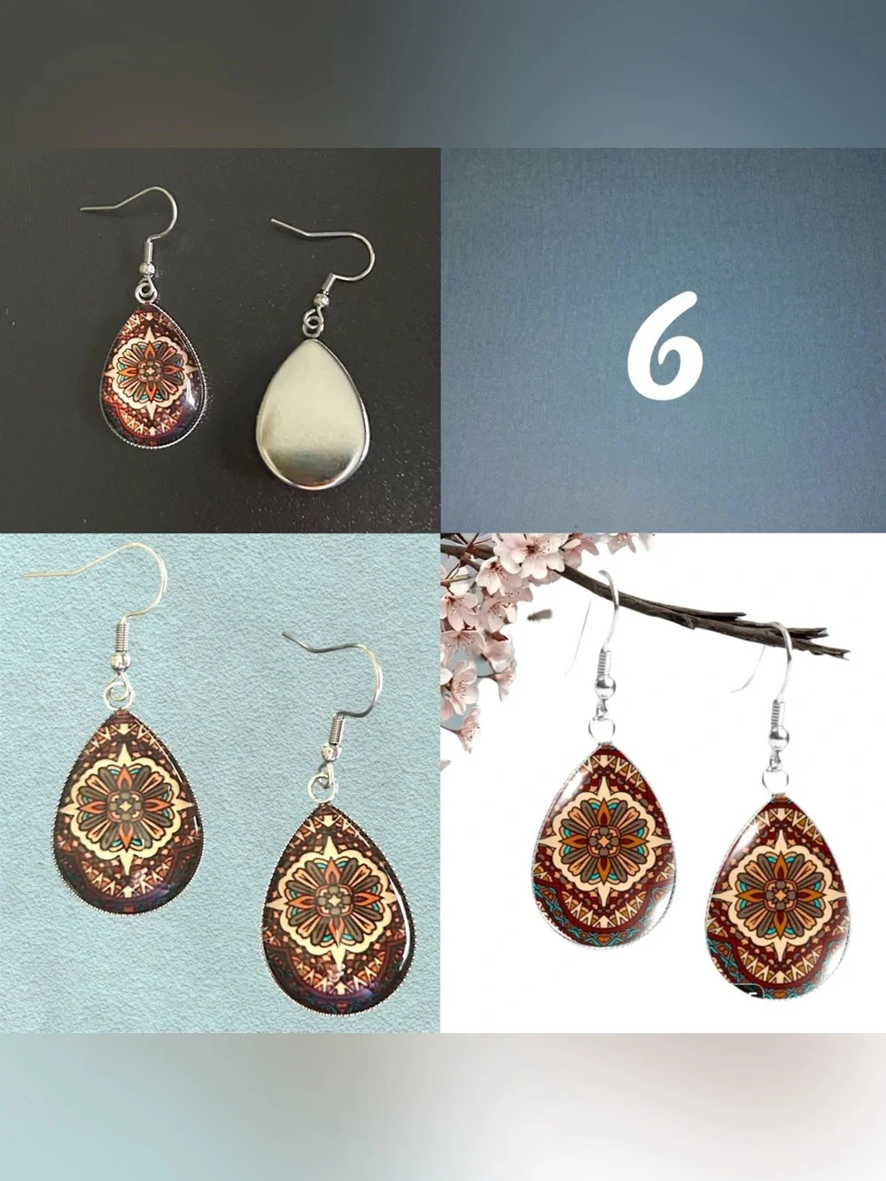 Glass Dome Teardrop Dangle Earrings Floral & Abstract Watercolor Cabochon Design
